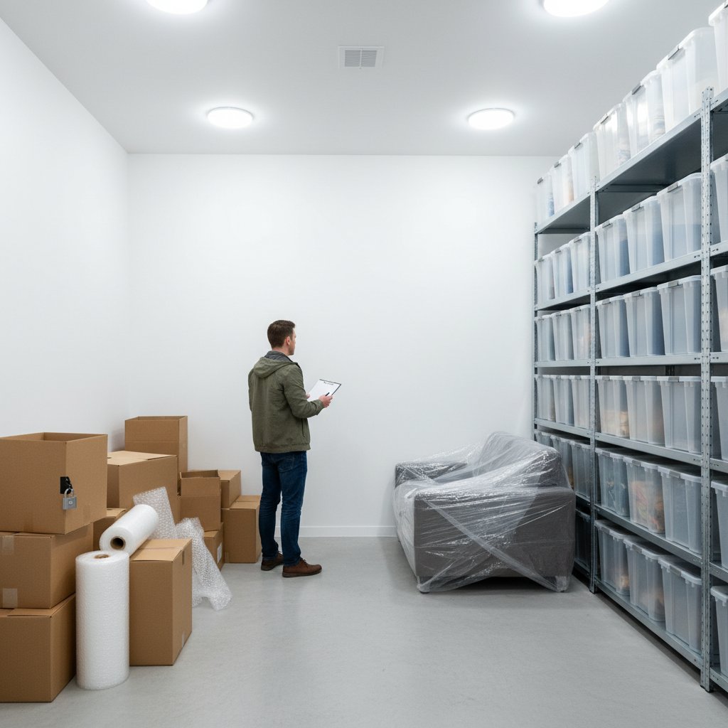 Person vergleicht DIY-Boxen mit Service-Lagerung im Lagerraum