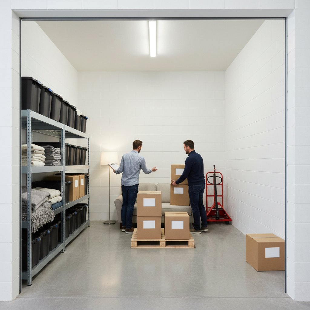 Paar sortiert Umzugskartons im Self-Storage, Möbel teils eingelagert